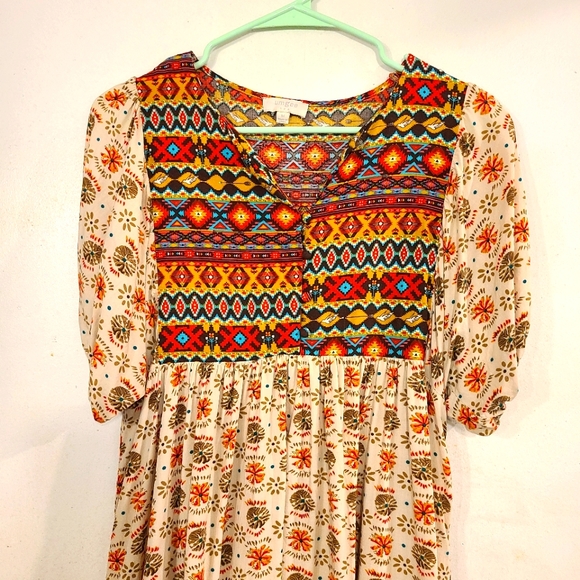 Umgee Women’s Size Medium Aztec Print Tan Ivory Tunic/Babydoll Dress - Picture 4 of 10